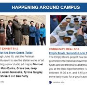 Screenshot of the Happening Around Campus section of the May 12, 2022 issue of Carleton Today featuring Student Art Show and Empty Bowls events