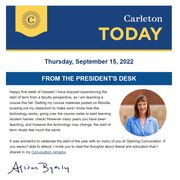 Screenshot of From the President's Desk section of the Sept. 15, 2022 issue of Carleton Today