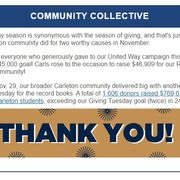 Screenshot of Community Collective newsletter section featuring success and gratitude for donors to the United Way and Giving Tuesday campaigns