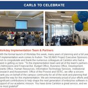 Screenshot of the Carls to Celebrate section of the Jan. 5, 2023 issue of Carleton Today that features a shoutout to the Workday Implementation team on the official go-live of phase I and two photos