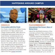 Screenshot of the Happening Around Campus section of the Feb. 2, 2023, issue of Carleton Today featuring Convo and film screening events.