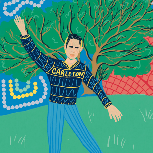 Illustration of student in Carleton sweatshirt playing frisbee outdoors.