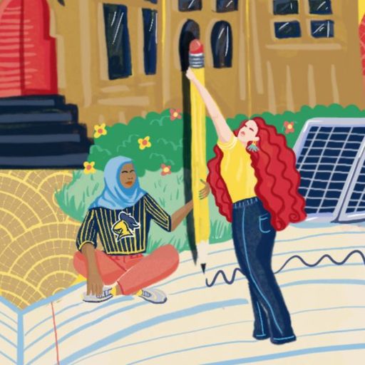 Illustration of two Carleton students with giant pencil.