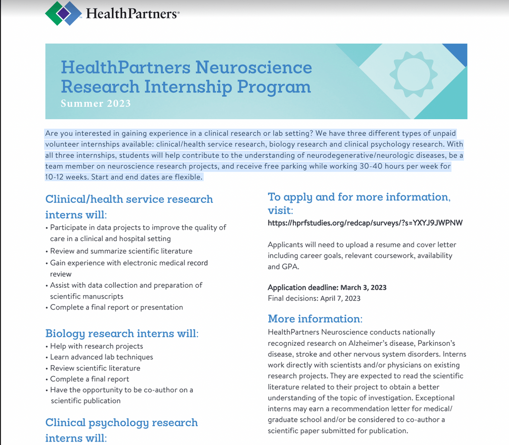 HealthPartners Neuroscience Research Internship Program Biology Opportunities Carleton College