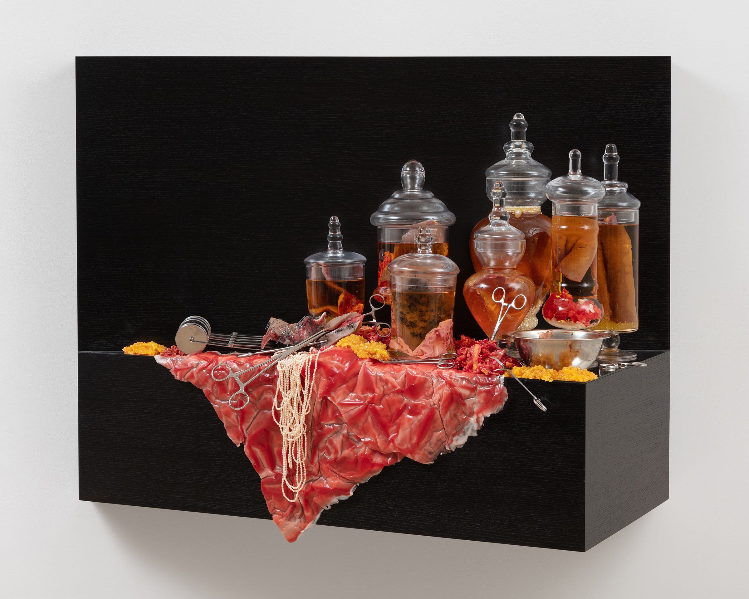 A black shelf with surgical instruments and seven glass jars containing tissue-like substances submerged in liquid. A triangle of fleshy material and a strand of pearls drape over the side.