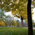 Skinner Memorial Chapel through fall leaves