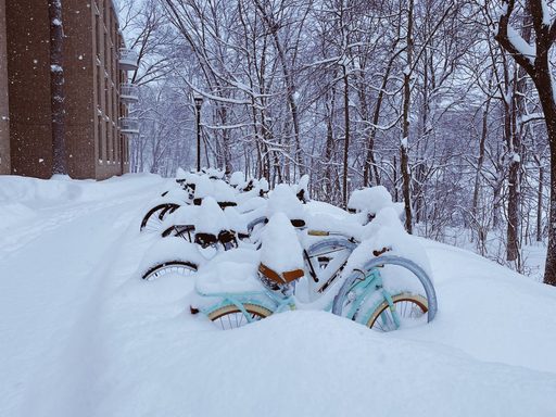 Bikes outside Goodhue Hall covered in snow