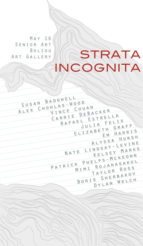 poster reading: strata incognita, may 16 2008, senior art, boliou art gallery, followed by a list of artist's names