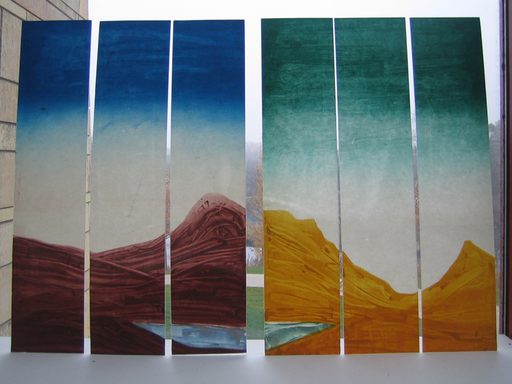 colorful painting of a mountain landscape, spread across six individual panels