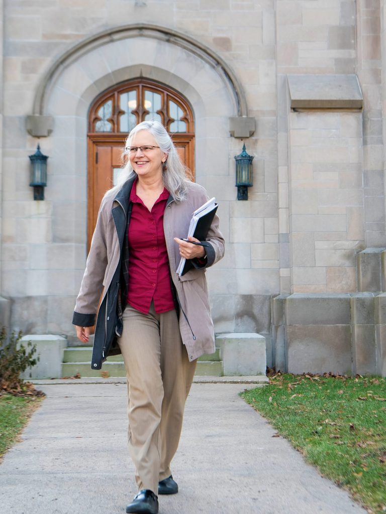 Carolyn Fure-Slocum outside Skinner Chapel