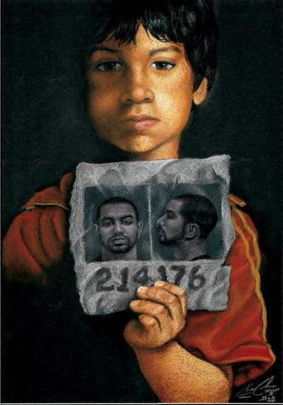 Pastel drawing of a boy holding a prison mug shot