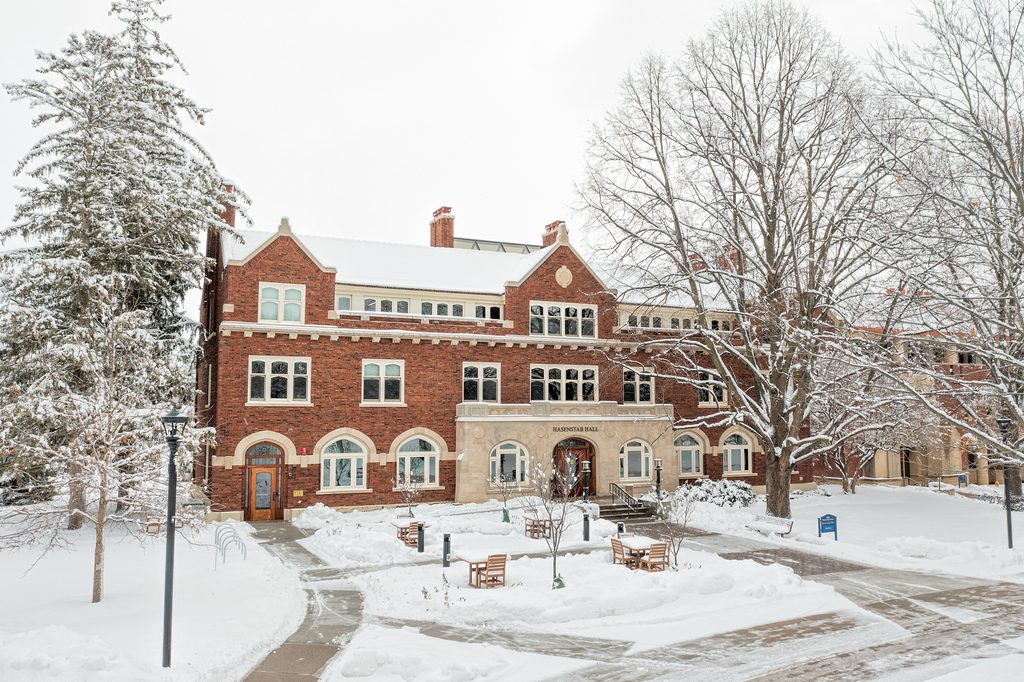 Hasenstab Hall on a snowy day