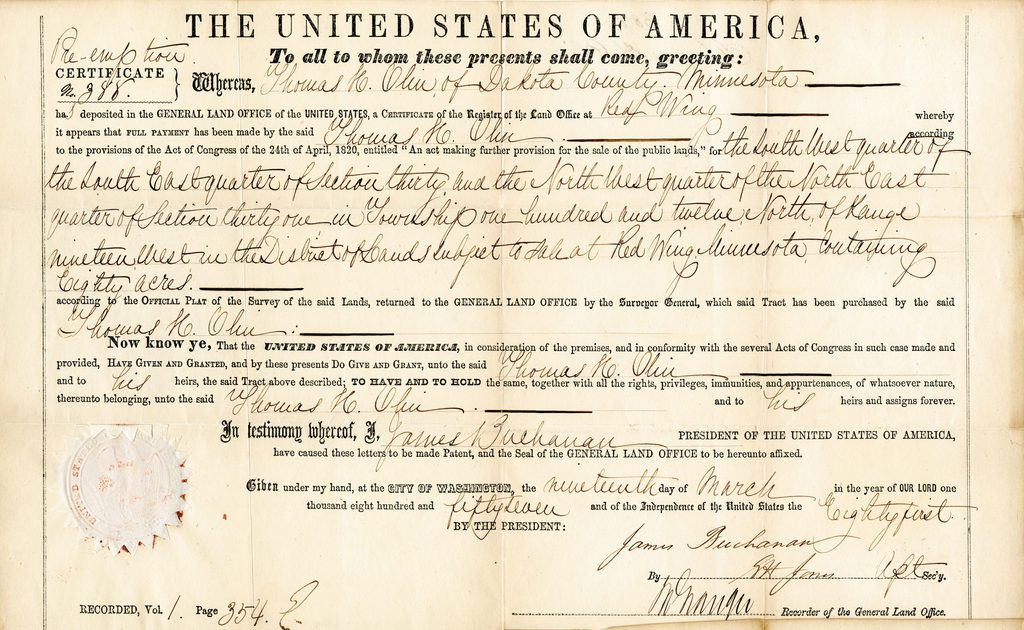 Land registration certificate for Olin Farm