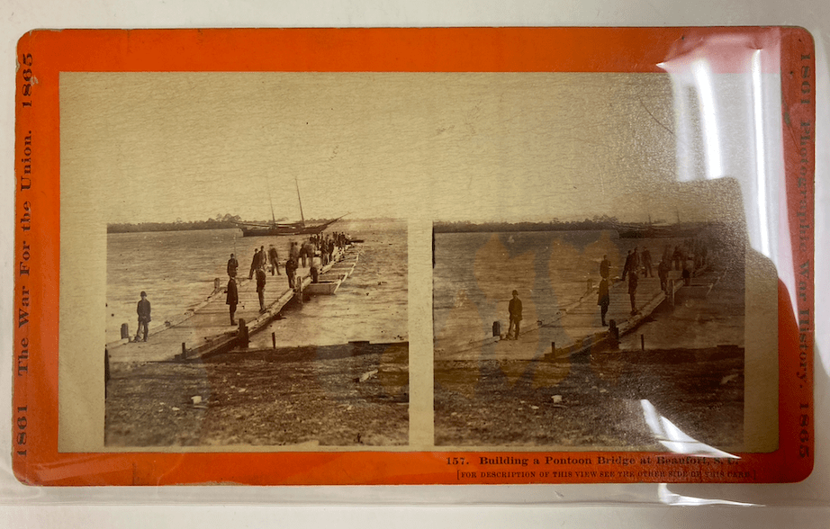 stereoscopic print of a pontoon bridge