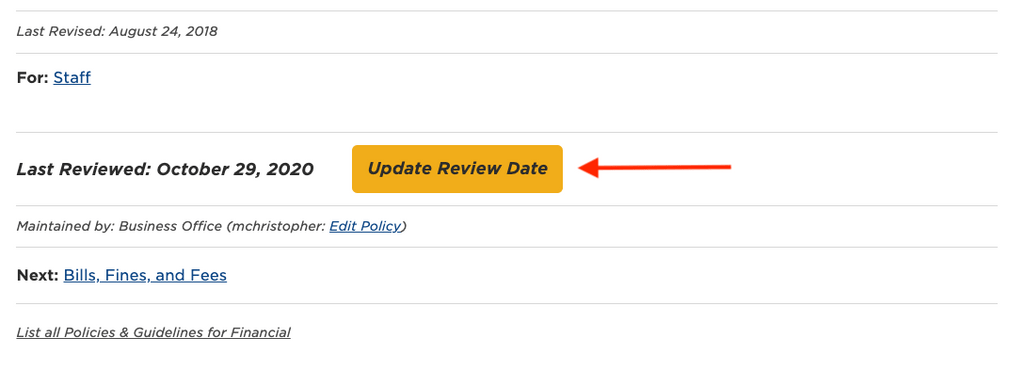 screenshot of handbook policy "update review date" button