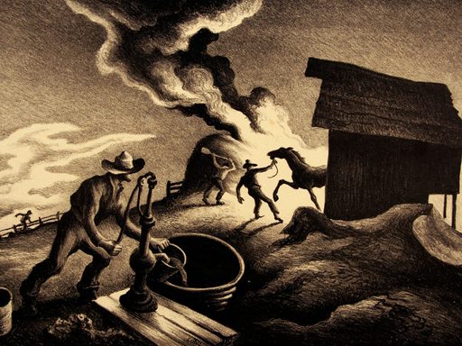 Lithograph of a farm scene, with a man pumping water as a fire burns in the background
