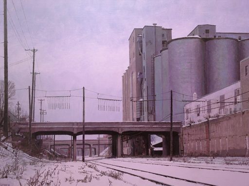 Oil painting of grain elevators and railroad tracks