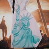 drawing of the statue of liberty in front of a photo of looters surrounded by fire