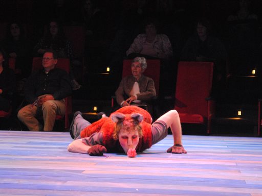 An actor dressed as a fox laying on the floor of the stage, audience members in the background