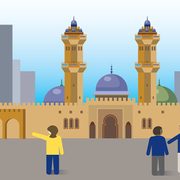 illustration of people looking at a mosque in a city