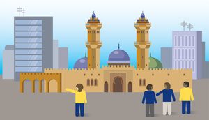 illustration of people looking at a mosque in a city
