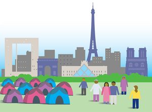 illustration of the paris skyline with a group of people and tents in the foreground