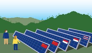 illustration of solar panels with different international flags on them