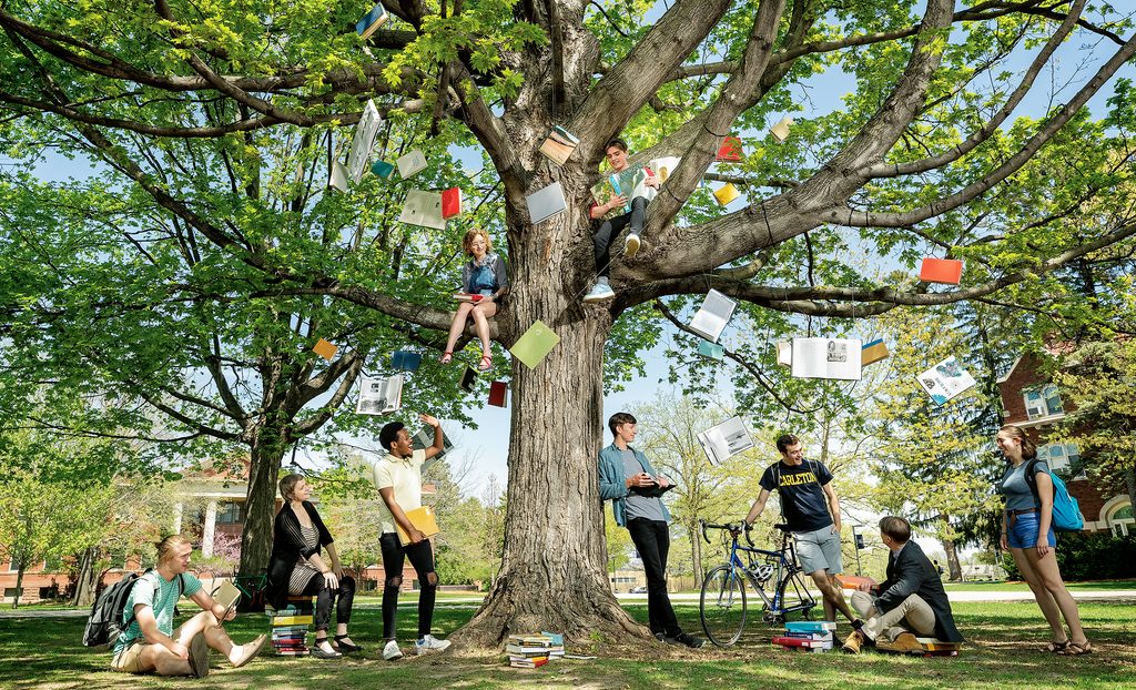 A tree filled with hanging books; students and professors gather in and around it