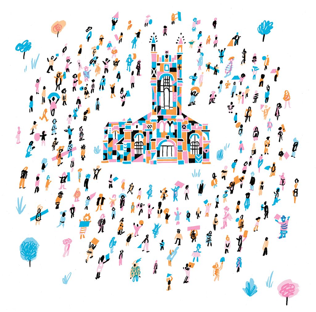 colorful illustration of Skinner Chapel surrounded by people