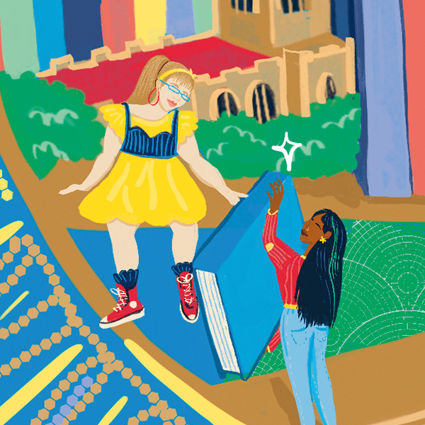 illustration of one student handing another student a life size book