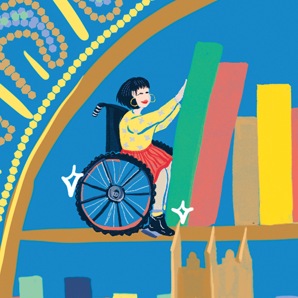 illustration of a student in a wheelchair pushing a stack of lifesize books