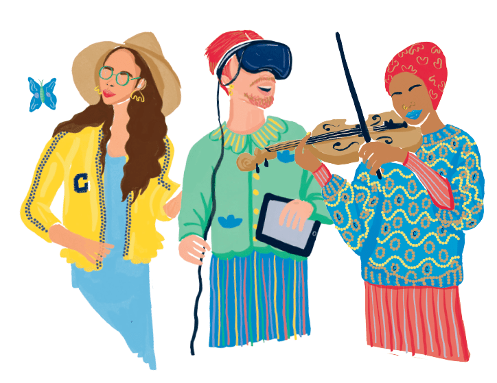 Illustration of three students, one watching a butterfly, one wearing virtual reality goggles, and the third playing a violin