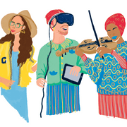 Illustration of three students, one watching a butterfly, one wearing virtual reality goggles, and the third playing a violin