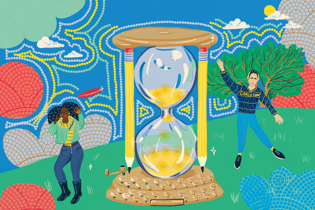 illustration of two students standing next to a life size hourglass