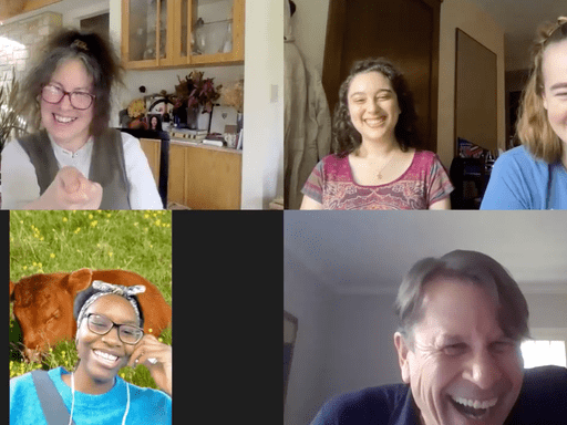 Tim, Connie, Julia, Madeline, & Octavia caught mid-laugh in a Zoom interview.