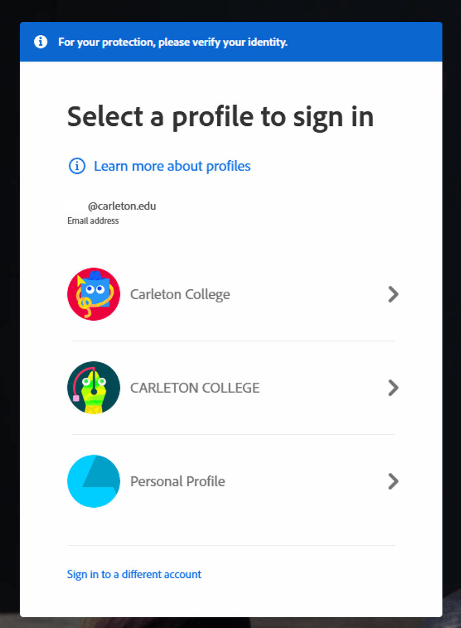 screenshot of the Adobe Creative Cloud login screen showing "CARLETON COLLEGE" in all caps
