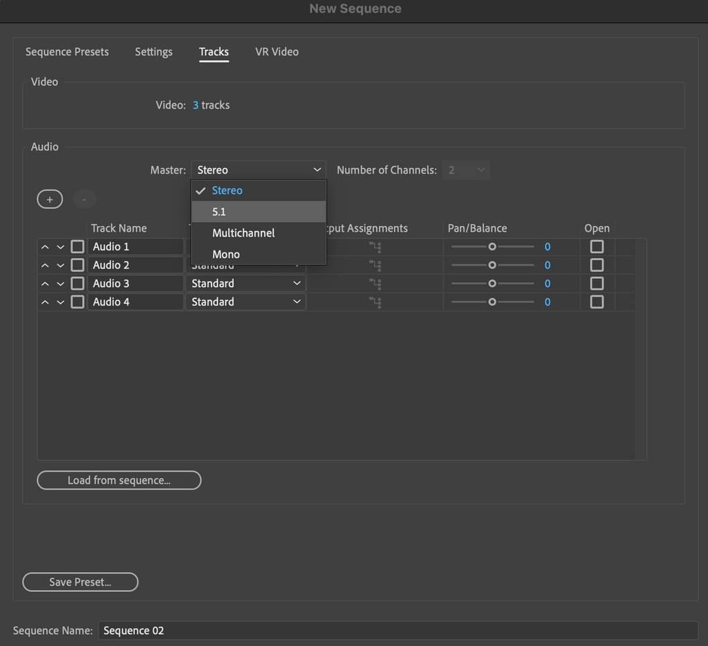 New Sequence window in Adobe Premiere showing where to choose that this is a surround sequence