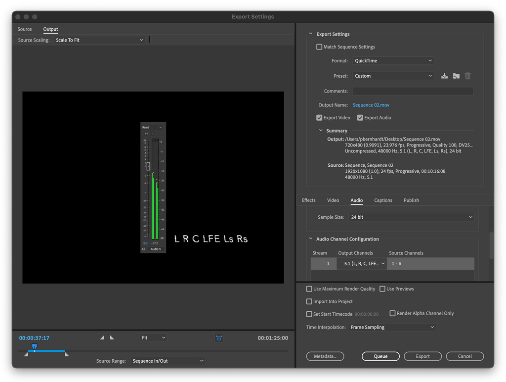 Export window in Adobe Premiere showing options to select to make a Quicktime movie with standard 5.1 surround mix.